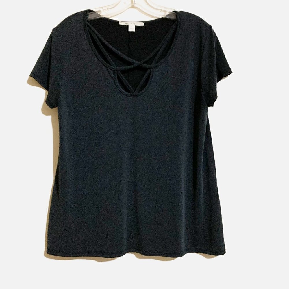 Miami Soft Knit Stretchy Criss Cross Detail Black Blouse. Size Large